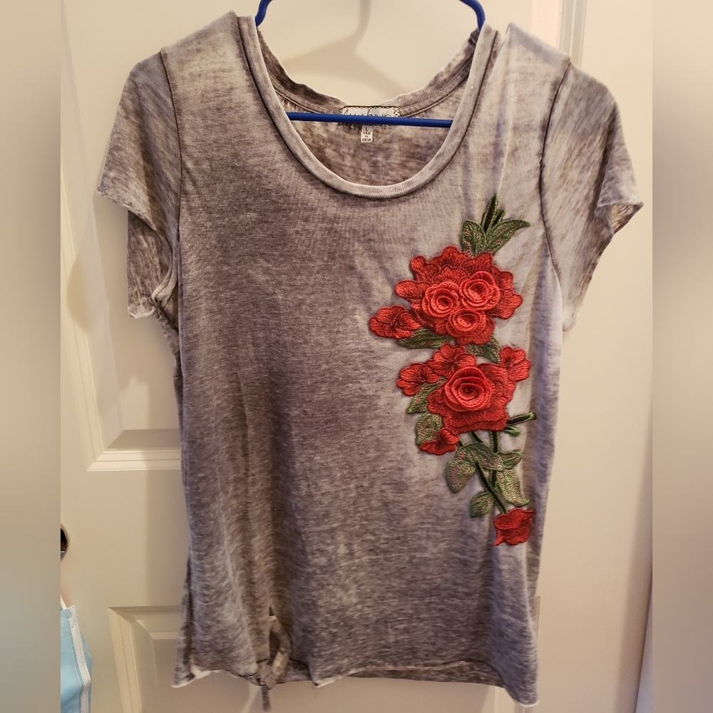 Y2K sheer grey rose embroidery top